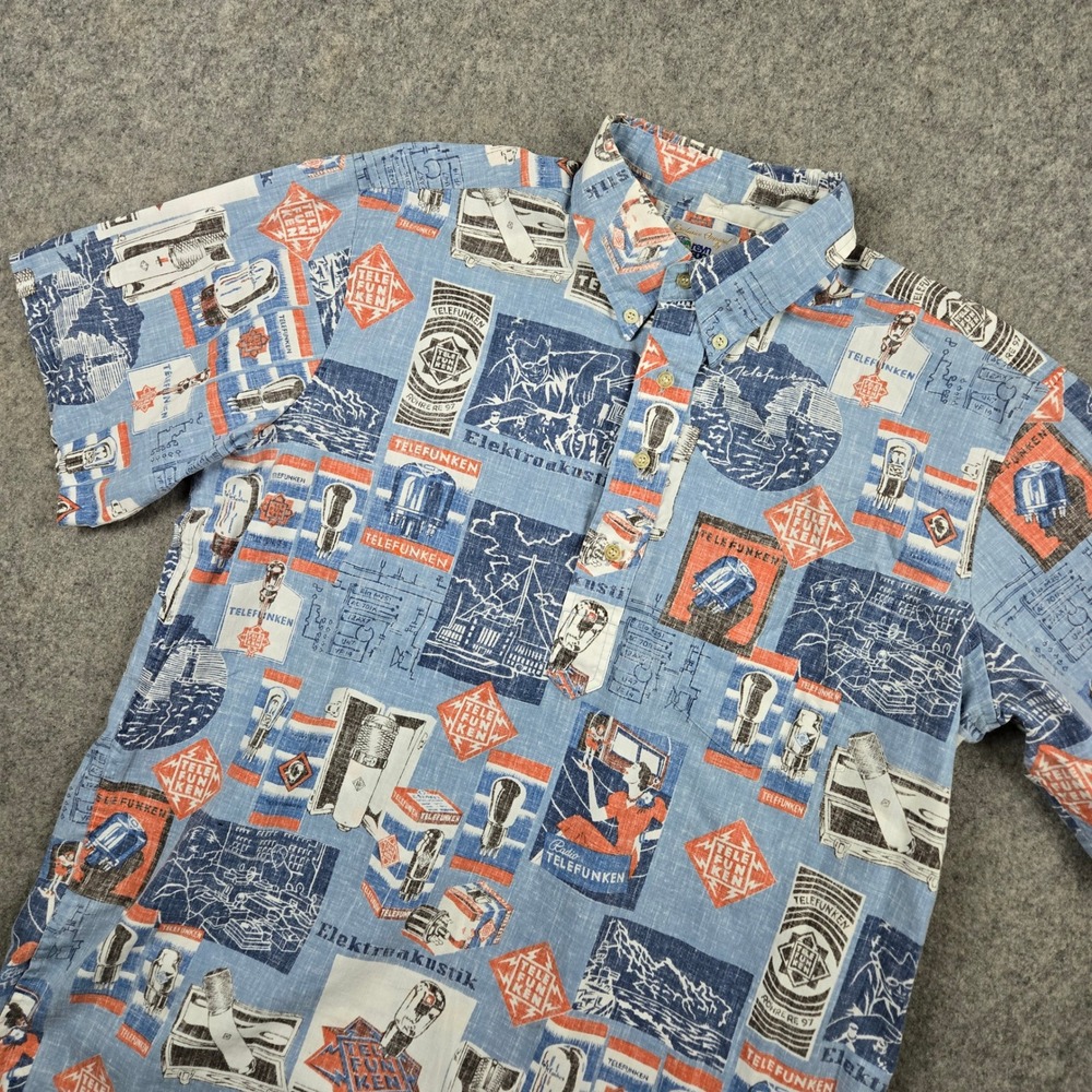 Reyn Spooner Shirt Mens Large Blue Telefunken Radio Tube Print Hawaiian Aloha